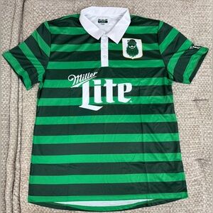 NWOT Miller Light Striped Polo/Rugby St Patrick’s Shirt  Bearded Guy Clover 7 XL